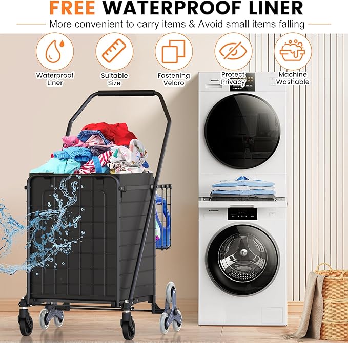 [Upgrade] Shopping Cart for Groceries, 280 LBS Large Grocery Cart with Waterproof Liner, 360° Rolling Swivel Wheels, Heavy Duty Utility Cart Folding Shopping Carts for Laundry Luggage Gift