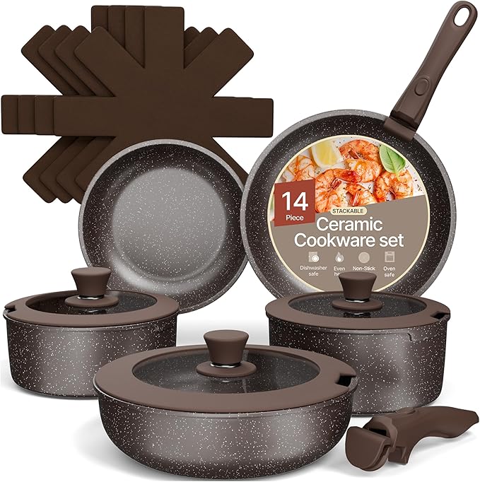 Pots and Pans Set Non Stick Ceramic-Granite – 14-Piece Cookware with Detachable Handles, Stackable Space-Saving, Dishwasher Safe, Stain-resistant, Oven & All-Stove Safe, Tempered Glass Lids, Brown