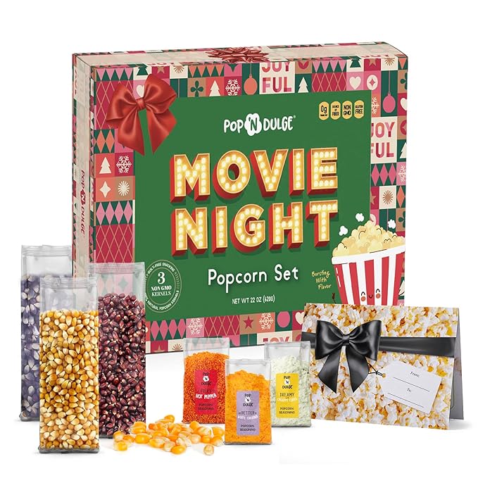 Movie Night Christmas Gifts - Holiday Popcorn Gift Baskets Gift Sets - 5 Non-GMO Gourmet Kernels and 5 Popcorn Flavoring - Perfect Family Gifts ideas for Adults, Couples, Parties, Holidays, or Movie Lovers - 10 Pack