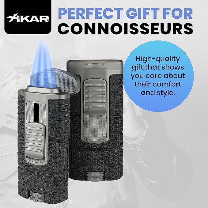 XIKAR Tactical Triple-Jet Lighter, Black and Gunmetal | Powerful Jet Flame for Cigars with Pocket Clip, EZ-View Fuel Window, Adjustable Flame Height & Pull Down Ignition Trigger, Ideal for Outdoor Use