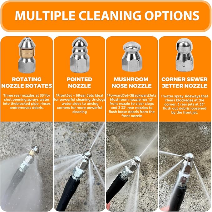 50FT Sewer Jetter Kit for Pressure Washer, 5800PSI Drain Cleaner Hose 1/4 Inch NPT Corner Rotating and Button Nose Sewer Jetting Nozzle Spanner Watertight Tape Pearl Corsage Pin Handle Strap