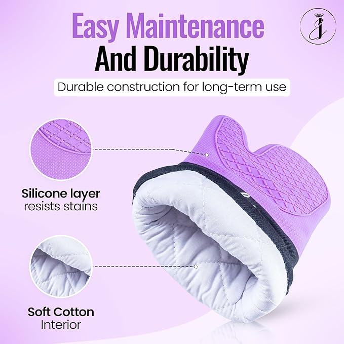 Mitts - Long Slip Resistant Pot Holders - Silicone Oven Mitts - Baking Gloves for Oven - Perfect for Baking, BBQ, Cooking, and Grilling, Oven Mitts Set of 2, 7''x13'' (Purple)