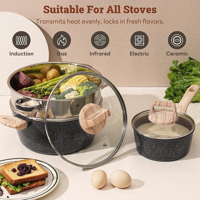 SODAY Pots and Pans Set Non Stick, 17Pcs Black Granite Induction Cookware | PFAS/PFOA/PFOS Free Nonstick Kitchen Cooking Set, Stay-Cool Handles, Pot Protectors, Eggs Pan, Fry Pans & Saucepans