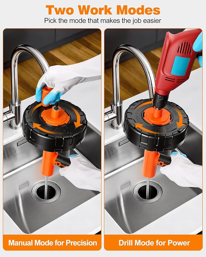 Drain Auger 25 ft, Auto Feed Plumbing Snake Hair Clog Remover with Drill Adapter, Heavy Duty Drain Cleaner Tool Kit with Gloves & Brush for Kitchen Sink Shower Bathtub Bathroom Toilet Clog Removal