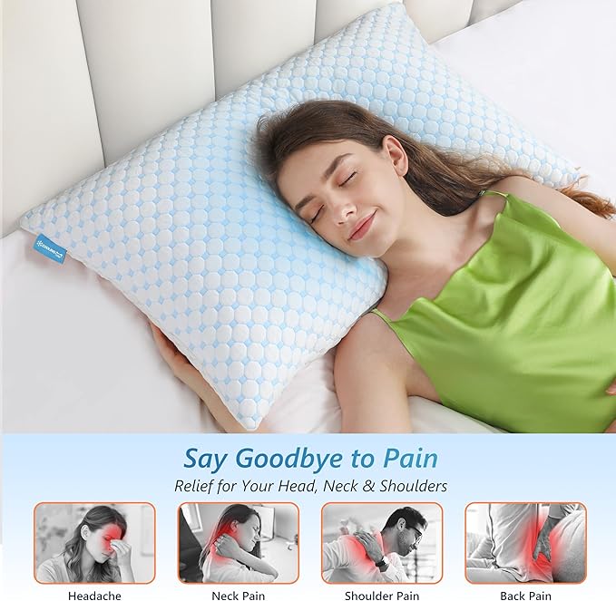 UYWO Cooling Firm Bed Pillows Set of 2, Shredded Memory Foam Pillows for Sleeping Luxury Gel Pillows for Side Back Stomach Sleepers with Removable Washable Cover(Blue, King(U.S. Standard))