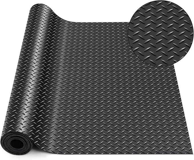 Breling 24 in x 10 ft Rubber Diamond Plate Rolls Garage Floor Mat for Under Car, Heavy Duty Flooring Rug for Trailers Garage, PVC Water/Stain Outside Resistant Parking Rv Tool