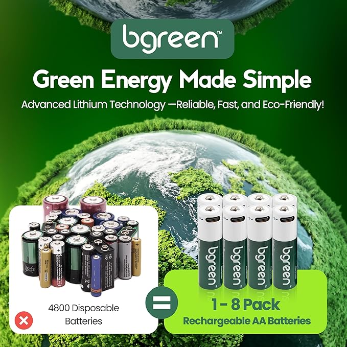 8 Pack USB C rechargeable AA Batteries - Rechargeable Lithium AA Batteries with 4-in-1 Charging Cable, 1.5V Output & 3400mWh High Capacity, LED Indicator, 90 Min Fast Charge with Upto 1200 Cycles