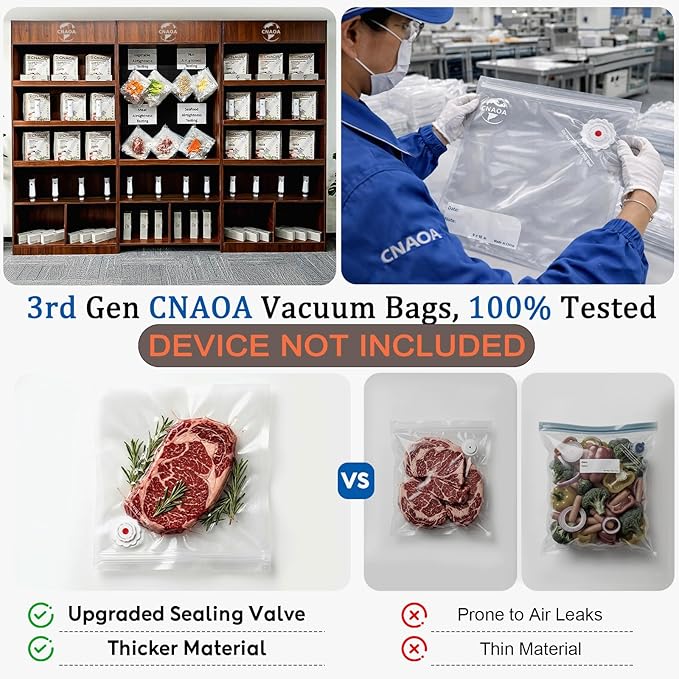 3rd-Gen (10" x 11") 20 PCS Upgraded Reusable High-Seal Bags (Vacuum Sealer Machine Not Included), Compatible with CNAOA Vacuum Sealers