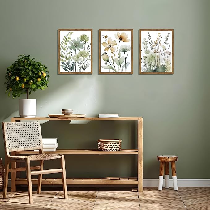 Wood Framed Sage Green Botanical Wall Art Set of 3, Boho Floral Canvas Wall Decor Paintings, Minimalist Flower Posters Prints Pictures for Bedroom Bathroom Living Room Home Decor 12x16 Inch