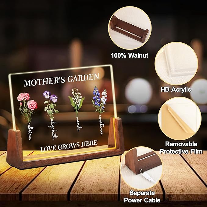 Personalized Mothers Day Birthday Gifts For Mom Grandma Wife, Custom Mom Gifts From Daughter Son, Customized Birth Flower Mothers Garden Plaque Light Up Picture Frame For Mama Grandma Gift