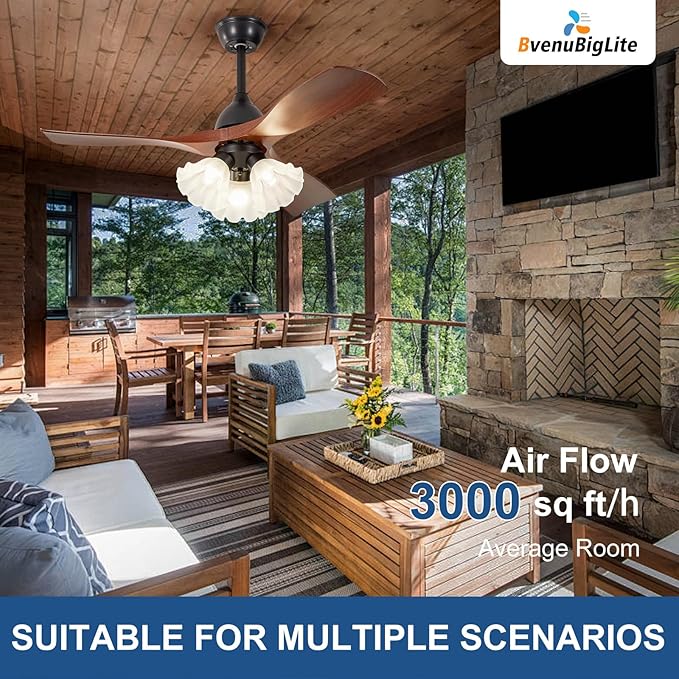 Ceiling Fans with Lights and Remote: 42-Inch Ceiling Fan 3 Blades Flower Low Profile Outdoor - Walnut Ceiling Fans with Remote Control Quiet Reversible DC Motor for Living Room