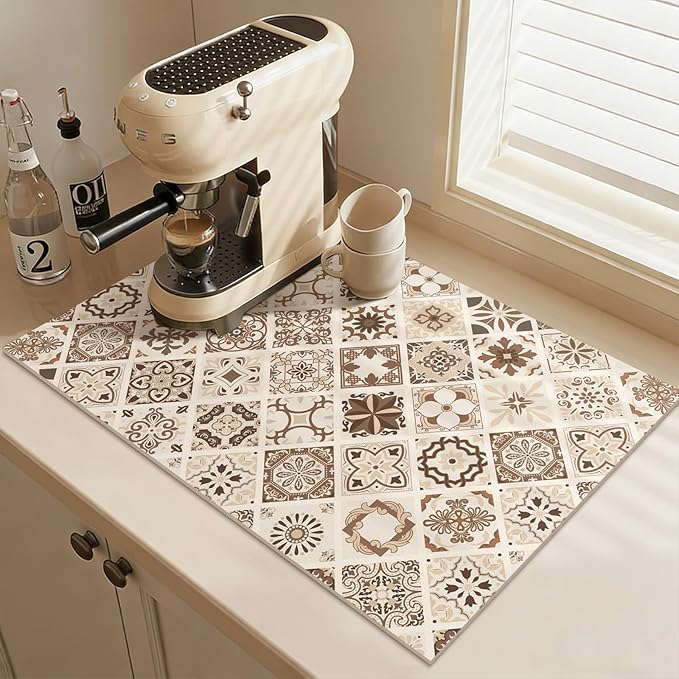 Absorbent Holiday Plate Drainer Pad Boho Coffee Bar Mats for Counter Top Non-slip Gift for Kitchen Decor (Elegant Mosaic A)