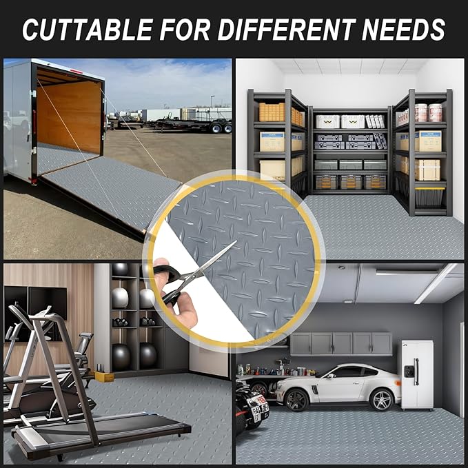 4x20FT Garage Floor Mat, 2.8mm Thickened Flooring Roll for Under Car, Golf Cart Parking Mat, Diamond Plate PVC Rubber Motorcycle Mat, Non-Slip Floor Protector for Garage Warehouse Trailer, Grey