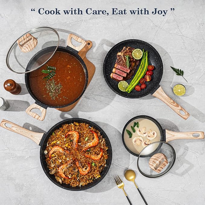 SODAY 12 Pcs Pots and Pans Set Non Stick, Cookware Sets Black Granite Induction Cookware, Non-toxic Healthy Nonstick Kitchen Cooking Set with Frying Pans Set, Saucepans (PFAS/ PFOA/ PFOS Free)