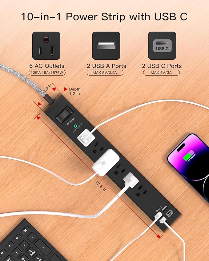 2 Pack 10Ft Extension Cord with Multiple Outlets, Surge Protector Power Strip with 6 Outlets 4 USB Ports, Flat Plug, Wall Mount for Home Office, Dorm, Black