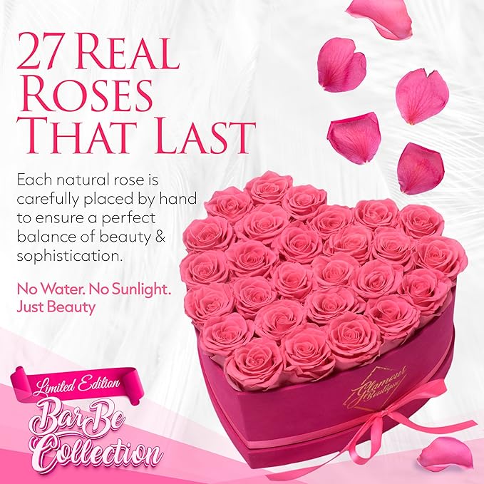 GLAMOUR BOUTIQUE 27 Flower Forever Heart Shape Box, Eternal Preserved Roses Gift for Her, Lasting Flowers, Premium Floral Heart Box for Birthday Anniversary Valentine’s Day Velvet Pink (Color-Treated)