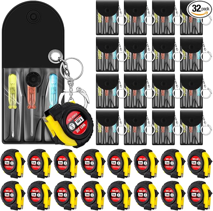 Jutom 32 Pcs Mini Tape Measure Keychain Bulk Mini Screwdriver Keychain Set Adult Tool Party Prize for Father's Men Gifts