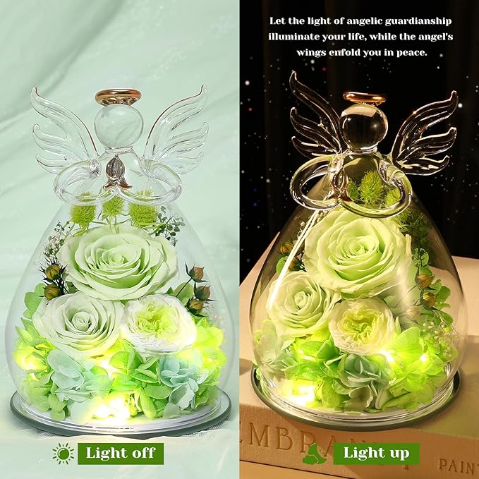 FIACO Gifts for Women Birthday Preserved Rose Forever Flower in Glass Angel Figurines Fresh Flowers for Delivery Prime for Mom Real Orange Roses for Grandma Sister Wife Her from Daughter