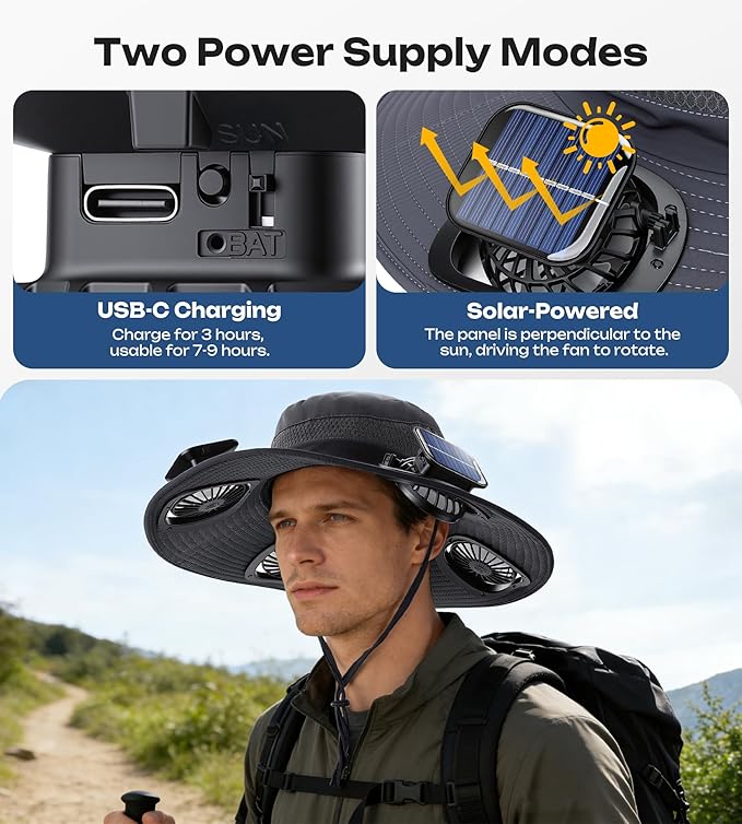 Solar Fan Hat with 4 Removable Fans, Wide Brim Fishing Hat for Men Women, USB Charging, Sun Hat for Outdoor Hiking, Gardening, Fishing Grey
