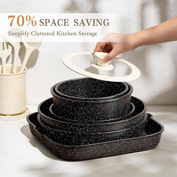 Pots and Pans Set - 19PCS Induction Cookware Set Detachable Handle Nonstick Kitchen Cookware Sets, Non-toxic Non-stick Cooking Set, Pot and Pan Set Removable Handle, Oven & Dishwasher Safe