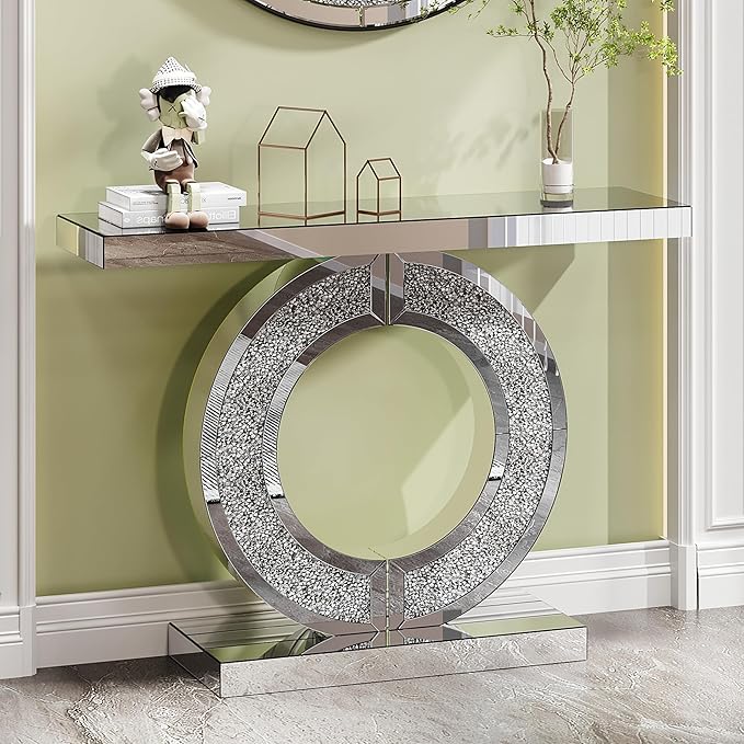 SSLine Mirror Console Table for Living Room 43" Modern Mirrored Entryway Table with Crystal O-Shape Base Luxury Silver Foyer Tables for Entryway Hallway