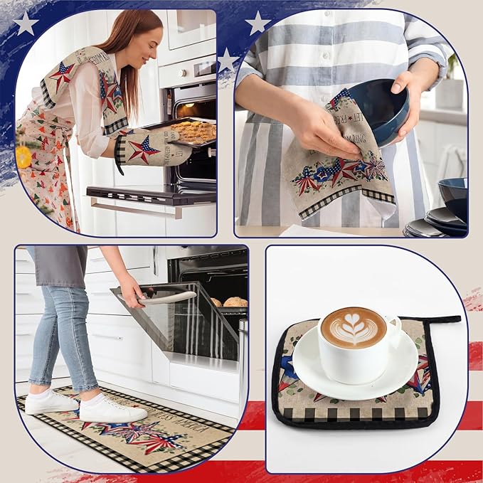 Fourluoo 10 Pcs 4th of July Kitchen Decor and Accessories Red Blue and White Oven Mitts and Pot Holders Set Vintage Dish Towel Patriotic Independence Day Kitchen Decor for 250th Anniversary Women Gift