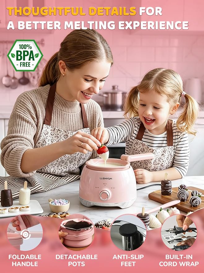 Electric Chocolate Melting Pot with 2 Insert Pots, 4-Cup Chocolate | Even Heating & Fast Melting, BPA-Free Silicone, Easy Clean, Less Waste, Ideal for Chocolate & Candy Melts, Parties & Fondue