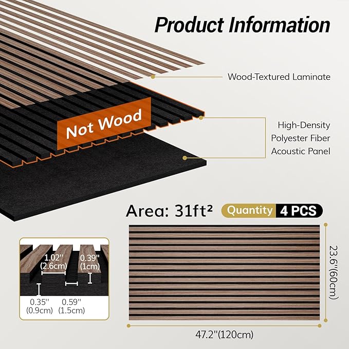 TONOR Dual-Layer Thickened Acoustic Wood Wall Panels Self Adhesive, 4 Pack 47.2"x23.6"x0.72" High Density Large Sound Proof Panels for Walls, Peel and Stick Wall Panels for Interior Wall Décor, Walnut