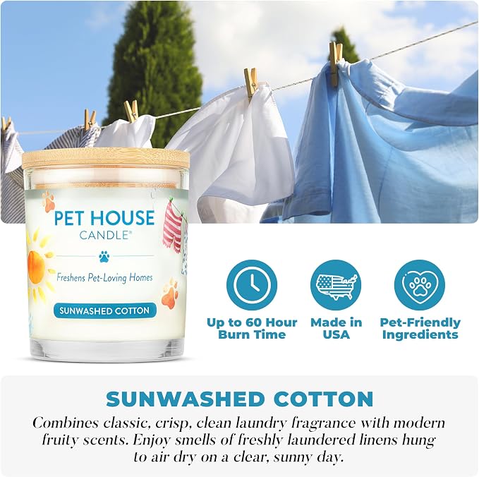 One Fur All Pet House Candle Plant-Based/Soy - Clean Burning Scented,Long Lasting Pet Odor Candle for Home - Sunwashed Cotton
