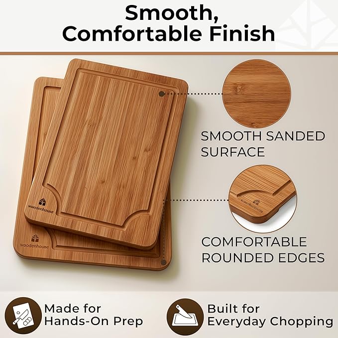 Set of 3 Bamboo Cutting Boards for Kitchen - Thick & Durable Wood Cutting Boards Set with Deep Juice Grooves & Build-in Handles, Large Surface, Easy to Clean – for Meat, Vegetables and Fruits