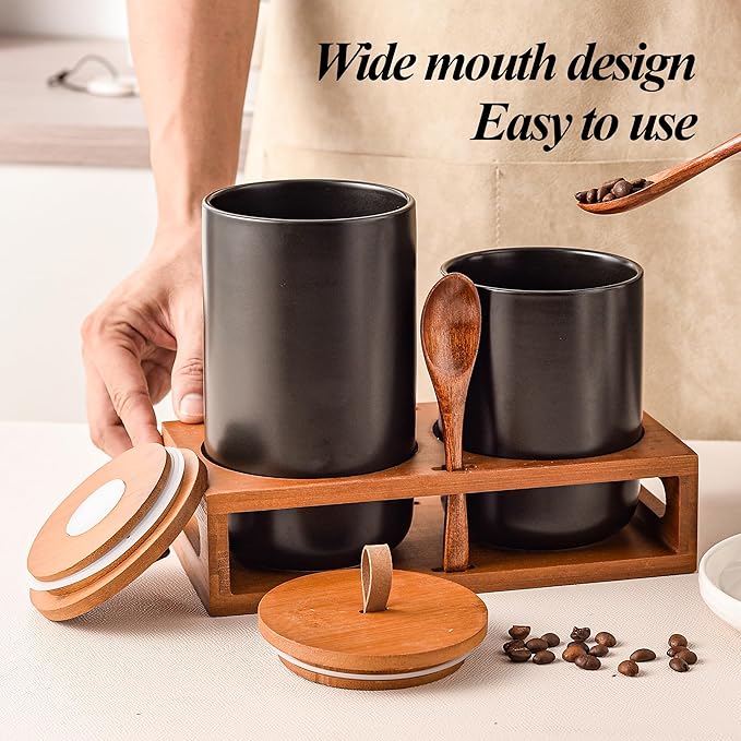 Black Ceramic Canister Set of 2 with Bamboo Lids, Wooden Stand & Spoons – 35oz & 28oz Airtight Food Storage Jars for Coffee, Sugar, Tea, Kitchen Counter Organizer