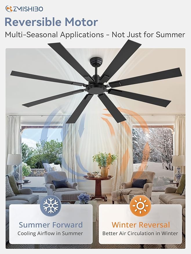 72 Inch Ceiling Fan No Light with Remote, Black Large Ceiling Fan Without Light with Quiet Reversible DC Motor, 6-Speeds, 8 Blades, Indoor/Outdoor Modern Ceiling Fans for Patios, Living Room, Garage