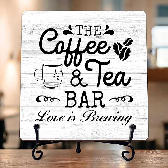 Coffee Bar Sign, Love is Brewing Farmhouse Tabletop Decor, Coffee and Tea Lover Gifts, 5x5 Wood Plaque with Iron Stand for Home Kitchen Cafe, Coffee Bar Decor – L09