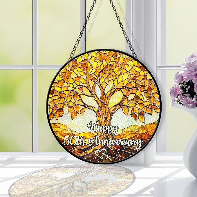 50th Wedding Anniversary Faux Stained Glass Suncatcher, 50 Years of Maried Anniversary Ornament, Golden Anniversary Window Hanging, Tree of Life Keepsake Suncatcher