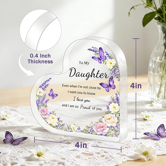 Mothers Day Gifts for Daughter - To My Daughter Acrylic Heart Plaque Daughter Gifts, Purple Birthday Gifts for Daughter Adult Teen Girls from Mom Dad, Cute Keepsake Inspirational Decor