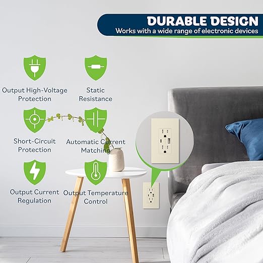 TOPGREENER 2-Port USB Outlet, Type C USB Wall Outlet, 15 Amp TR Receptacle Plug, Charging Power Outlet with USB Ports, Wall Plate Included, TU21536AC-LA-2PCS, Light Almond, 2 Pack