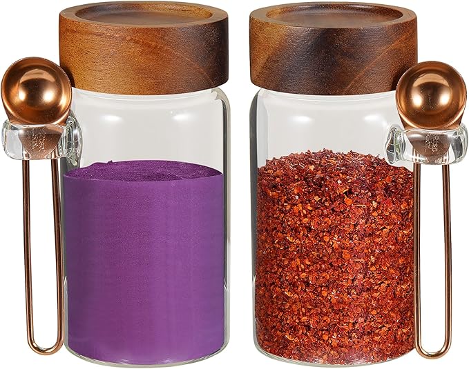 8 oz Small Glass Mason Jars with Scoop Wooden Screw Lid Spice Herb Storage Container Clear Round Glass Food Canister for Seasoning Sugar Tea Coffee Bean Spice Salts Pantry (2×250ml(8.4oz)with scoop)
