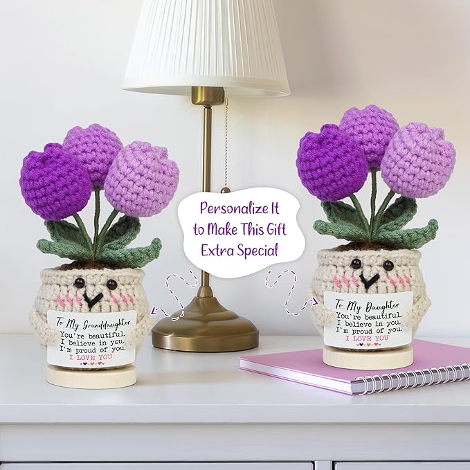 OASSIE Birthday Gifts for Daughter - Handmade Emotional Support Crochet Tulip with Card - Inspirational Appreciation Mothers Day Graduation Gifts for Women Daughter Granddaughter