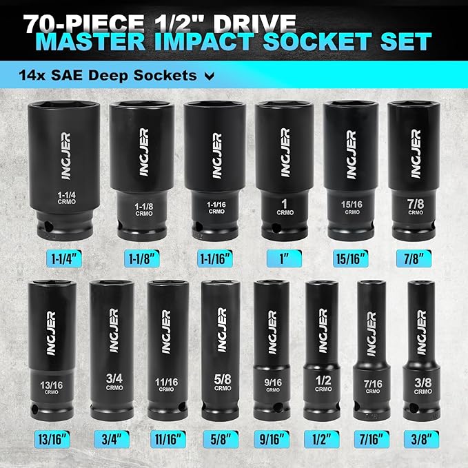 1/2" Drive Impact Socket Set, 70 Piece SAE 3/8" to 1-1/4" and Metric 10-24mm, 6 Point Cr-MO Alloy Steel for Auto Repair, Easy-to-Read Size Markings, Rugged Construction, Storage Case