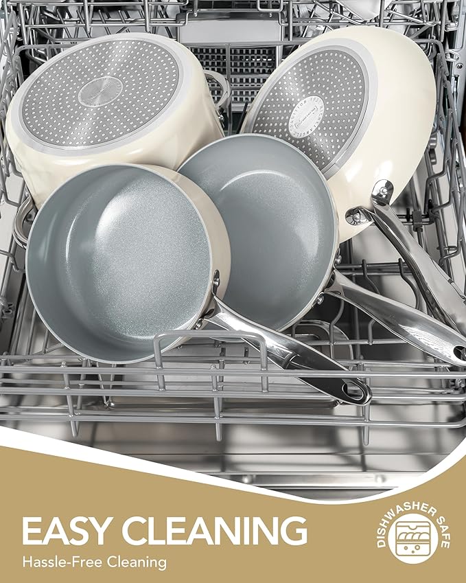 MICHELANGELO Pots and Pans Set Non Stick - Titanium Cookware Set Non Toxic Ceramic Coating, 8-Pcs Nonstick Pots and Pans with Ergonomic Handle, Dishwasher Safe & Induction Compatible, Cream