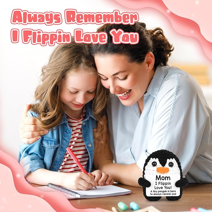 Mothers Day Birthday Gifts for Mom from Daughter Son, Handmade Crochet Mini Penguin Mom Gifts for Mother‘s Day Birthday Mama Mommy Mother in Law Bonus Step, Funny I Love You Moms Small Cute Decor