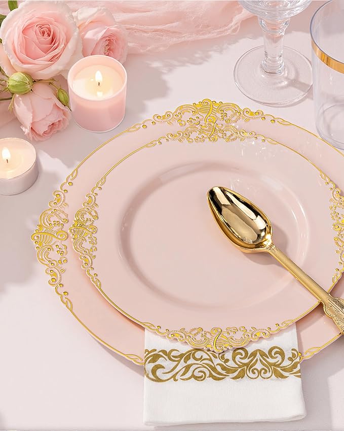 Nervure 350PCS Pink Plastic Plates - Pink Plastic Dinnerware Sets for 50 Guests - 100 Disposable Plates, 150 Gold Silverware, 50 Cups, 50 Napkins Perfect for Wedding & Party & Mothers Day