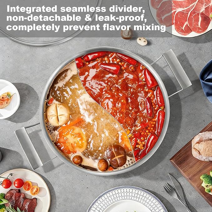 Delarlo 6.8QT Tri-Ply Stainless Steel Double-flavor Shabu Shabu Pot 12 inch | Everyday Pan with Lid, Kitchen Induction,Cooking Hot Pot, Oven Safe Stock Pot, Up to 600℉