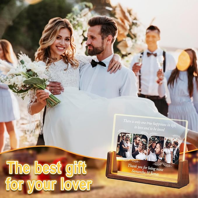 Personalized Valentines Couples Gifts For Him Her Husband Wife, Customized Acrylic Light Up Picture Frame With Photo Name, Custom Anniversary Birthday Gifts For Boyfriend Girlfriend Women Men