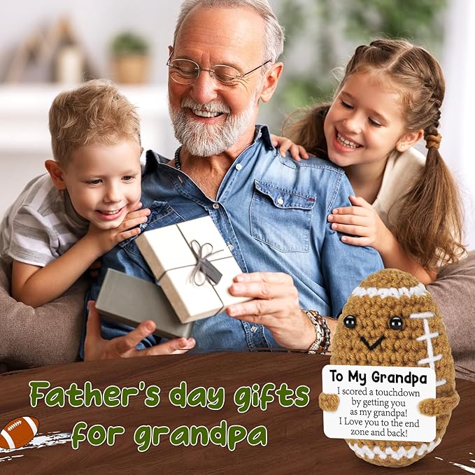 Mini Funny Grandpa Fathers Day Birthday Gifts from Grandkids, Handmade Crochet Football Grandpa Gifts from Granddaughter Grandson Cute Decor, Great Grandfather Grandparents Present for Father's Day