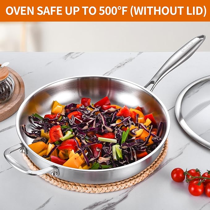 DELARLO Stainless Steel Pan 14-Inch Large Frying Pan with Lid | Heavy Duty Compatible with Induction up to 650℉ Fast & Even Heating Dishwasher Oven Safe Skillet