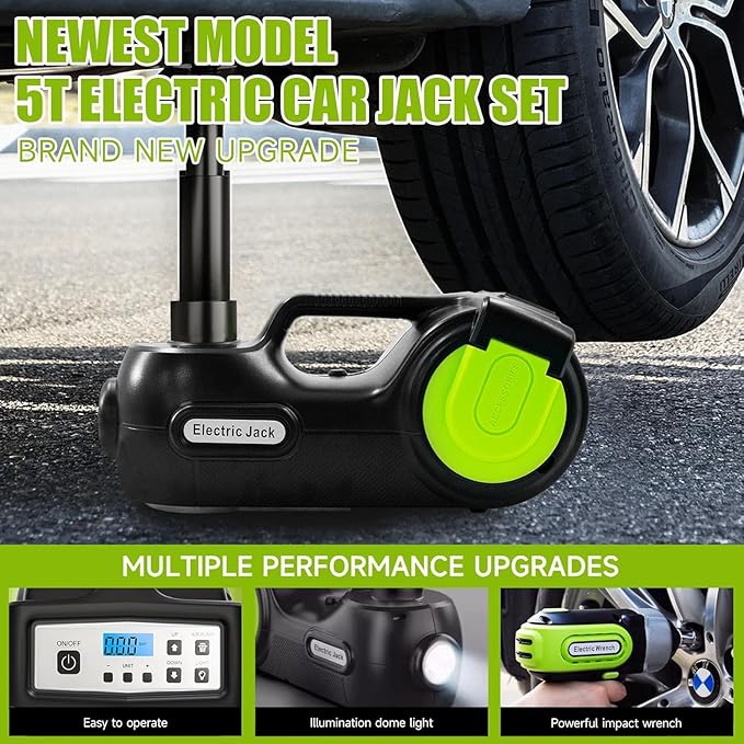 E-HEELP Electric Car Jack Kit 5 ton 12V Hydraulic Car Jack Lift (Lifting Range: 5.3-14.17inches) with Impact Wrench Inflator Pump for Car SUV Sedan MPV, LCD Display and Tire Pressure Monitor