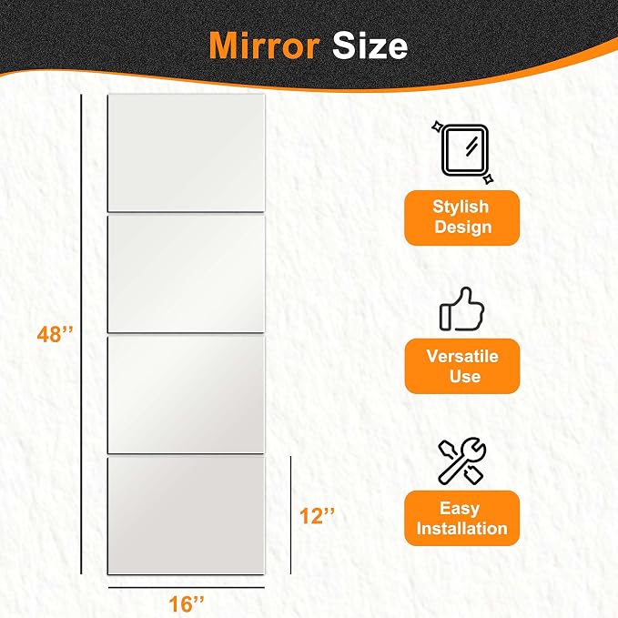 Delma Wall Mirror Full Length, Glass, 16x12'' - 4PCS | Mirror Tiles, Full Body Mirrors for Home Gym, Over The Door, Entryway, Living Room, Bedroom