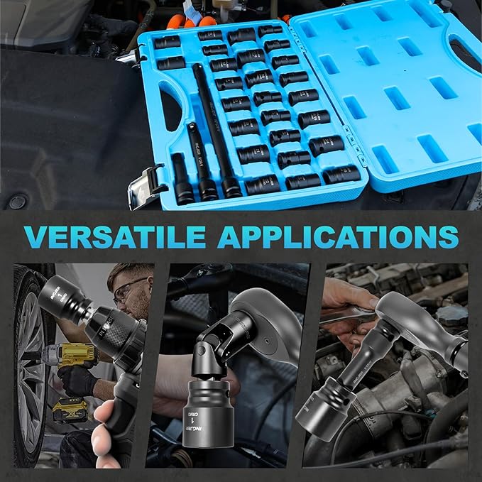 1/2 Impact Socket Set, 29PCS Shallow, SAE (3/8 to 1 inch) and Metric (10-24mm) Sizes with Extension Bars Standard Shallow Socket Set CR-MO Material High Torque Truck Bearing Locknut