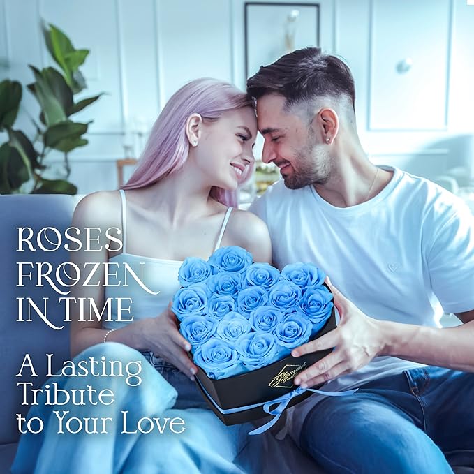 GLAMOUR BOUTIQUE 16 Flower Forever Heart Shape Box, for Mom, Eternal Preserved Roses Gift for Her, Him, Lasting Flowers Bouquet, for Birthday, Anniversary, Teal (Color-Treated)